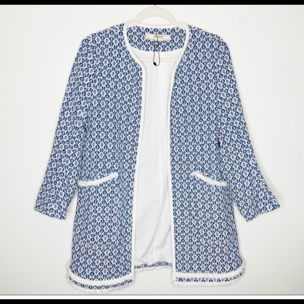 NEW Zara Ecru and Blue Frayed Printed Coat Large